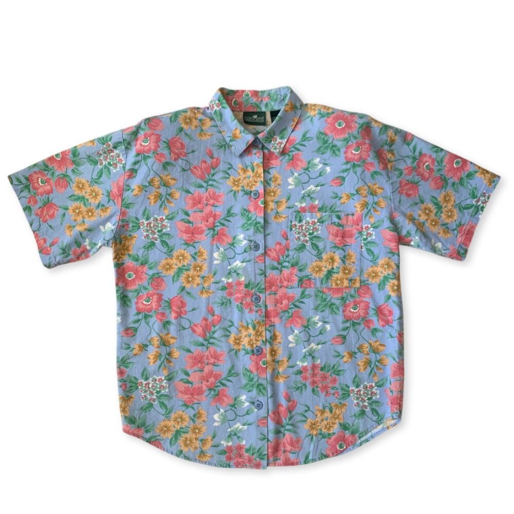 Vintage Cabin Creek Floral Collar Button Up Short Sleeve Shirt Prep Coastal Boho - Picture 3 of 15
